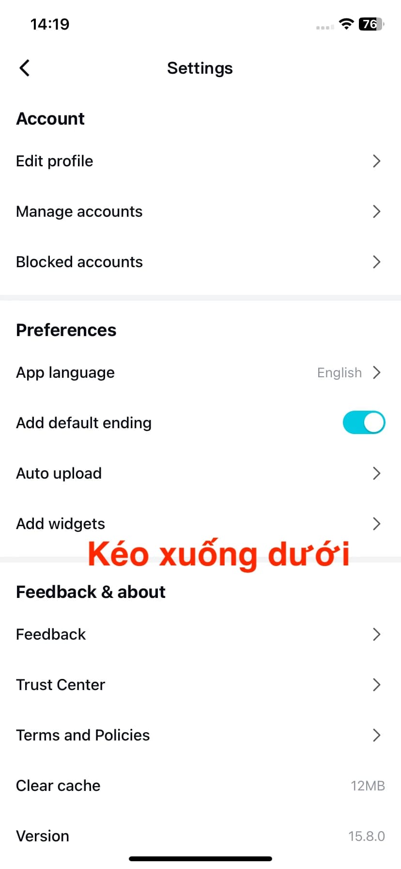 Kéo xuống phía dưới cùng của trang Cài đặt.