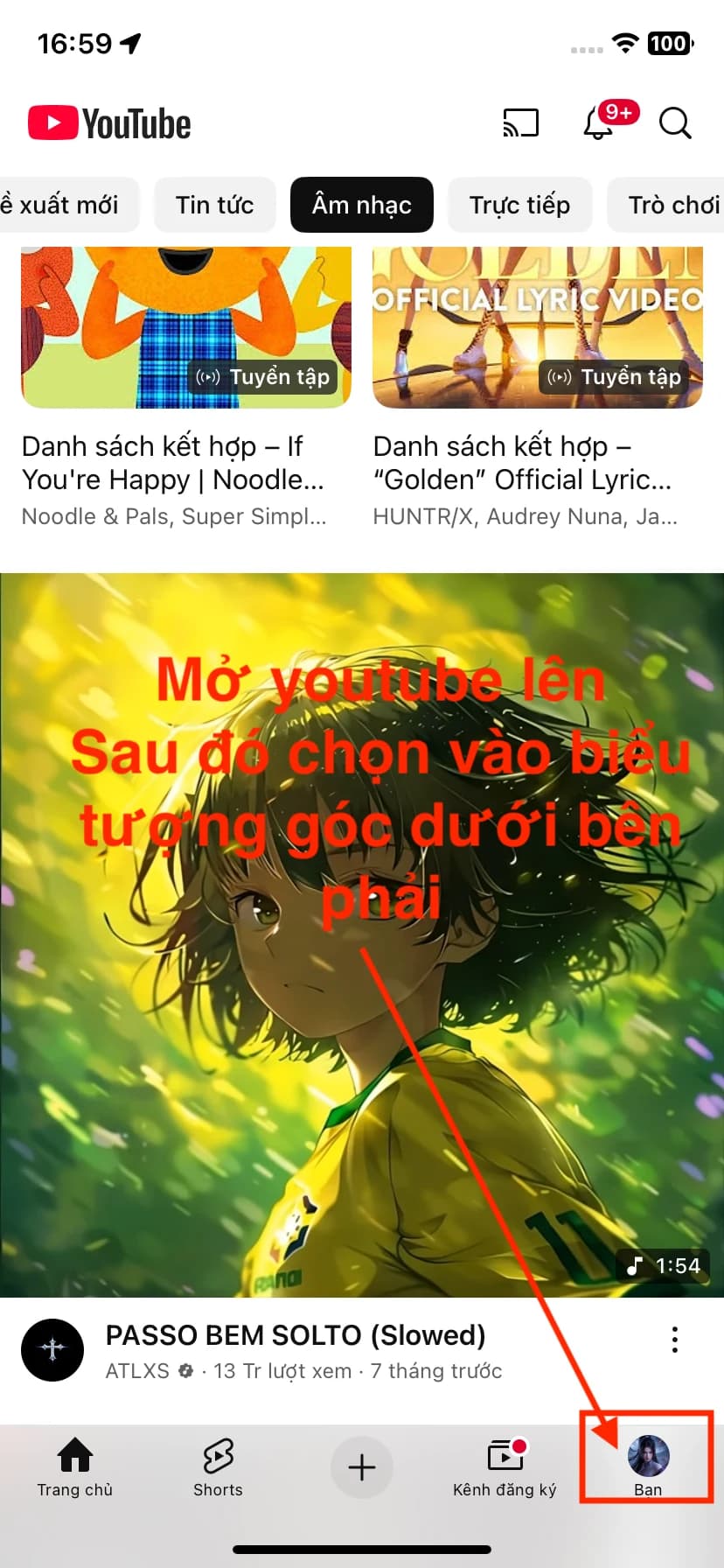 Mở YouTube, chọn biểu tượng tài khoản ở góc dưới bên phải.