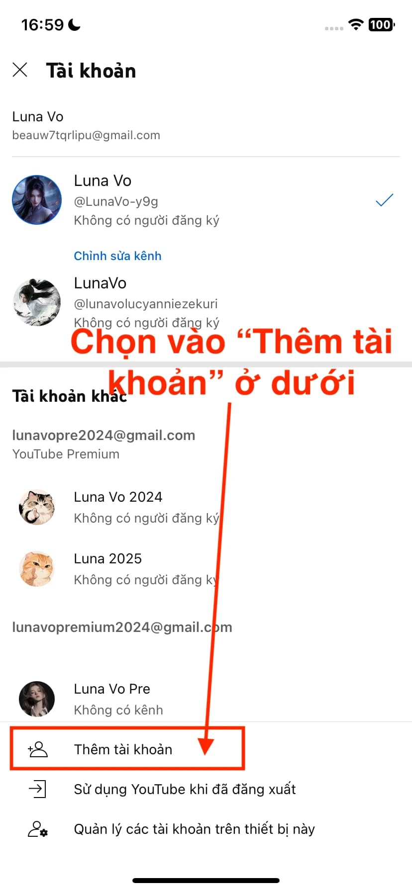Chọn “Thêm tài khoản” ở phía dưới.