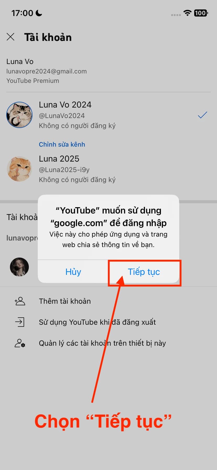 Chọn “Tiếp tục” khi YouTube hỏi dùng google.com để đăng nhập.