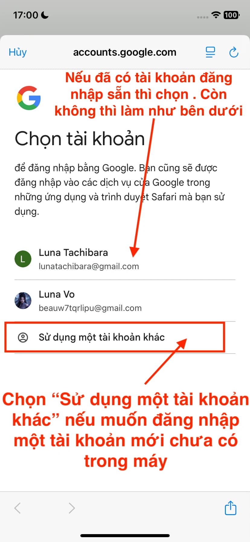 Nếu tài khoản cần dùng đã có trong danh sách thì chọn luôn. Nếu chưa có, chọn “Sử dụng một tài khoản khác”.
